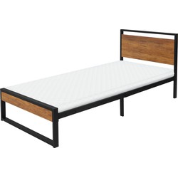 Metalen bed 90x200 cm zwart met lattenbodem en matras met houten hoofdbord en voeteneind ML design