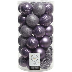74x stuks kunststof kerstballen heide lila paars 6 cm glans/mat/glitter mix - Kerstbal