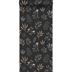 ESTAhome behang bloemmotief in Scandinavische stijl zwart. warm grijs.
