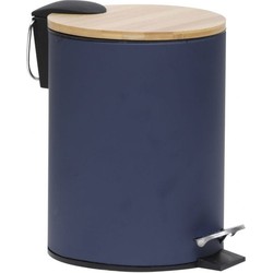 Stijlvolle Design Prullenbak met Bamboe deksel – Blauw/Bamboe – Klein formaat – 2.5L – Badkamer – Toilet – Keuken – Kantoor – Prullenbak 17x20x23cm