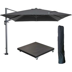 Garden Impressions Hawaii zweefparasol 300x300 cm carbon black / zwart met 90kg verrijdbare parasolvoet en parasolhoes