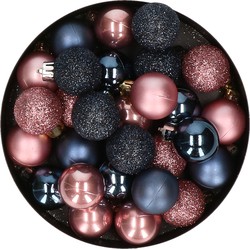 28x stuks kunststof kerstballen donkerblauw en oudroze mix 3 cm - Kerstbal