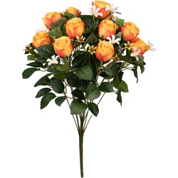 Louis Maes Kunstbloemen boeket rozen/bloesem met bladgroen - oranje - H49 cm - Bloemstuk - Kunstbloemen