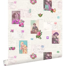 ESTAhome behang vintage ansichtkaarten roze en turquoise - 53 cm x 10,05 m - 138126