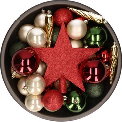 Set van 33x stuks kunststof kerstballen met ster piek rood/groen/champagne mix - Kerstbal