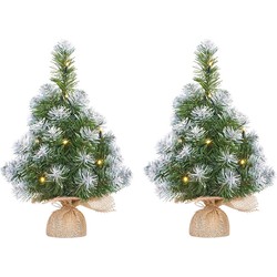 2x Mini kunst kerstboom met 10 LED lampjes en sneeuw 45 cm - Kunstkerstboom