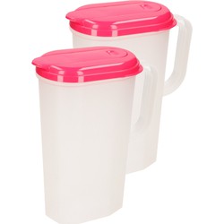 2x stuks waterkan/sapkan transparant/fuchsia met deksel 2 liter kunststof - Schenkkannen