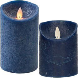 LED kaarsen/stompkaarsen - set 2x - donkerblauw - H10 en H12,5 cm - bewegende vlam - LED kaarsen