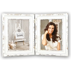 Dubbele houten fotolijst vintage wit geschikt voor een foto van 10 x 15 cm - Fotolijsten