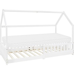 Kinderbed huisbed 90x200 cm wit gemaakt van dennenhout incl. matras H-10cm uitvalbeschermend dak en lattenbodem ML-Design