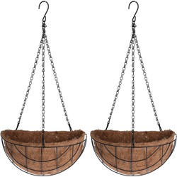 2x stuks metalen hanging baskets / plantenbakken halfrond zwart met ketting 26 cm - hangende bloemen - Plantenbakken