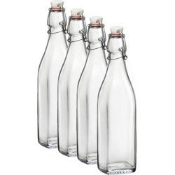 Bormioli Rocco beugelfles/weckfles - 6x - 1 liter - glas - vierkant - water/olie/azijn/sapjes - Weckpotten