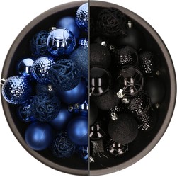 74x stuks kunststof kerstballen mix van kobalt blauw en zwart 6 cm - Kerstbal