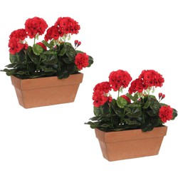 2x stuks geranium balkon kunstplanten rood in keramieken pot L29 x B13 x H40 cm - Kunstplanten