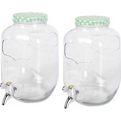 2x stuks glazen drankdispensers/limonadetap met groen/wit geblokte dop 4 liter - Drankdispensers