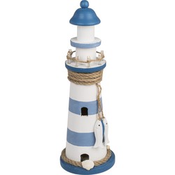 Vuurtoren beeldje met LED licht - Hout - 10 x 30 cm - wit/blauw - Maritieme decoraties binnen - Beeldjes