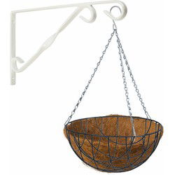 Hanging basket 35 cm met klassieke muurhaak wit en kokos inlegvel - metaal - complete hangmand set - Plantenbakken