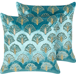 PANDOREA - Sierkussen set van 2 - Turquoise/Goud- 45 x 45 cm - Fluweel