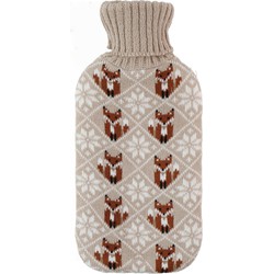 Warmwaterkruik 2 liter met zachte gebreide vossen print hoes beige - Kruiken