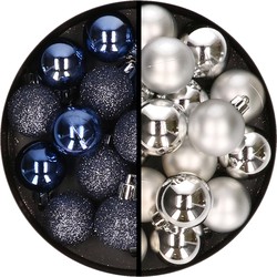 36x stuks kunststof kerstballen donkerblauw en zilver 3 en 4 cm - Kerstbal