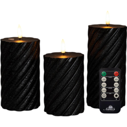 Stompkaars swirl wax led 3d vlam op batterij met afstandbediening set van 3 d7.5h10/12.5/15 cm zwart