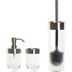 Toiletborstel transparant/zilver kunststof 35 cm met zeeppompje 300 ml en beker - Badkameraccessoireset