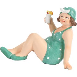 Home decoratie beeldje dikke dame zittend - groen badpak - 17 cm - Beeldjes