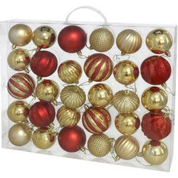 Gerimport Kerstballen - 30 stuks - gedecoreerd - kunststof - goud/rood - Kerstbal