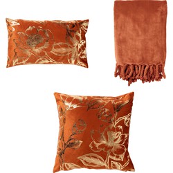 Dutch Decor VOORDEELSET   AVERY ORANGE - Set van 2 kussens en 1 plaid - oranje | Avery + Ava + Florijn - Dutch Decor