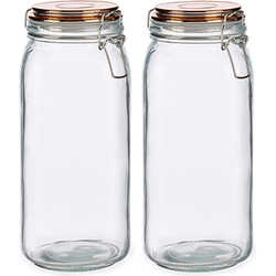 Set van 2x stuks glazen luxe keuken voorraadpotten/voorraadbussen met klepdeksel koper 2100 ml - Voorraadpot