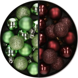28x stuks kleine kunststof kerstballen groen en mahonie bruin 3 cm - Kerstbal
