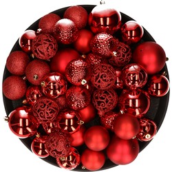 Kerstversiering kunststof kerstballen rood 6-8-10 cm pakket van 59x stuks - Kerstbal