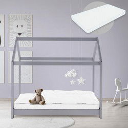 Kinderbed huisbed 70x140 cm lichtgrijs gemaakt van grenenhout incl. matras H-10cm houten bed met dak en lattenbodem ML design