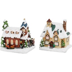 Set van 2x stuks Kerstdorp kersthuisjes huis en kerkje met verlichting 12,5 cm - Kerstdorpen