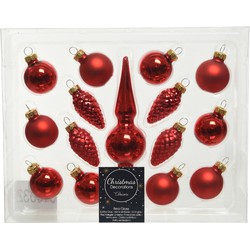 Decoris Kerstballen - 15 delig - rood - inclusief piek - 3 cm - Kerstbal