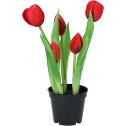 DK Design Kunst tulpen Holland in pot - 5x stuks - rood - real touch - 26 cm - Kunstbloemen