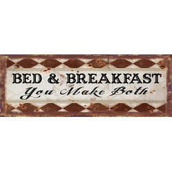 Clayre & Eef Tekstbord  36x13 cm Bruin Wit Ijzer Rechthoek Bed&Breakfast You make Both Wandbord