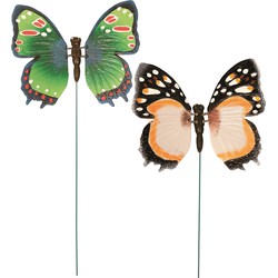 Set van 2x stuks metalen vlinders groen en oranje 15 x 60 cm op steker - Tuinbeelden
