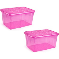 2x Opslagbakken/organizers met deksel 60 liter 63 x 46 x 32 transparant roze - Opbergbox