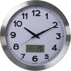 Aluminium wandklok met lcd-display en thermometer, hygrometer & weersvoorspelling dia. 35 cm