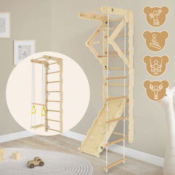 Klimrek indoor wandrekken voor kinderen van hout met turnringen, touwladder, glijplank 6 in 1 vanaf 3 jaar