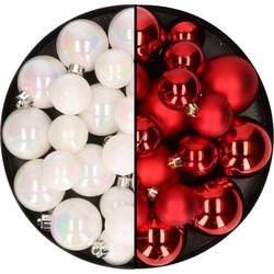 Kerstversiering kunststof kerstballen mix rood/parelmoer wit 4-6-8 cm pakket van 68x stuks - Kerstbal