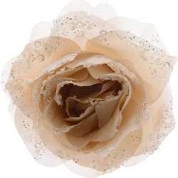 Kerstdecoratie bloemen roos creme op clip 14 cm - Kersthangers