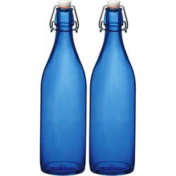 Bormioli rocco waterfles beugeldop - 2x - blauw transparant - 1000 ml - Waterflessen