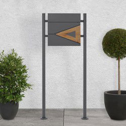 Staande brievenbus met krantenvak 37x36,5x11 cm antraciet/houtlook gemaakt van staal ML design, modern driehoekig ontwerp, stahoogte 120cm antraciet