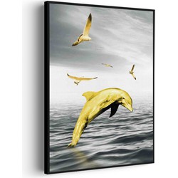 Muurwerken Akoestisch Schilderij - Springende Dolfijnen Goud 02 - Geluidsdempend Wandpaneel - Wanddecoratie - Geluidsisolatie - PRO (AW 0.90) XXL (107X150)