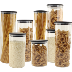 OTIX Voorraadpotten - Glas - met Deksel - 8-delig - Zwart - Hout - SERENITY
