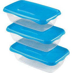 Hega Hogar Vershoudbakjes - set 3x stuks - 0.9 liter - transparant/blauw - L20 x B12 x H8 cm - Vershoudbakjes