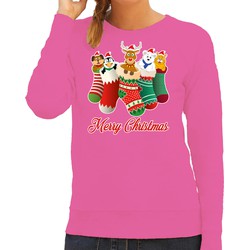 Bellatio Decorations Foute kersttrui/sweater dames - kerstsokken - roze - kerstdieren - rudolf M - kerst truien