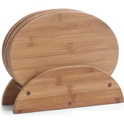 6x Ovale bamboe houten snij/serveerplanken met houder 24 cm - Snijplanken